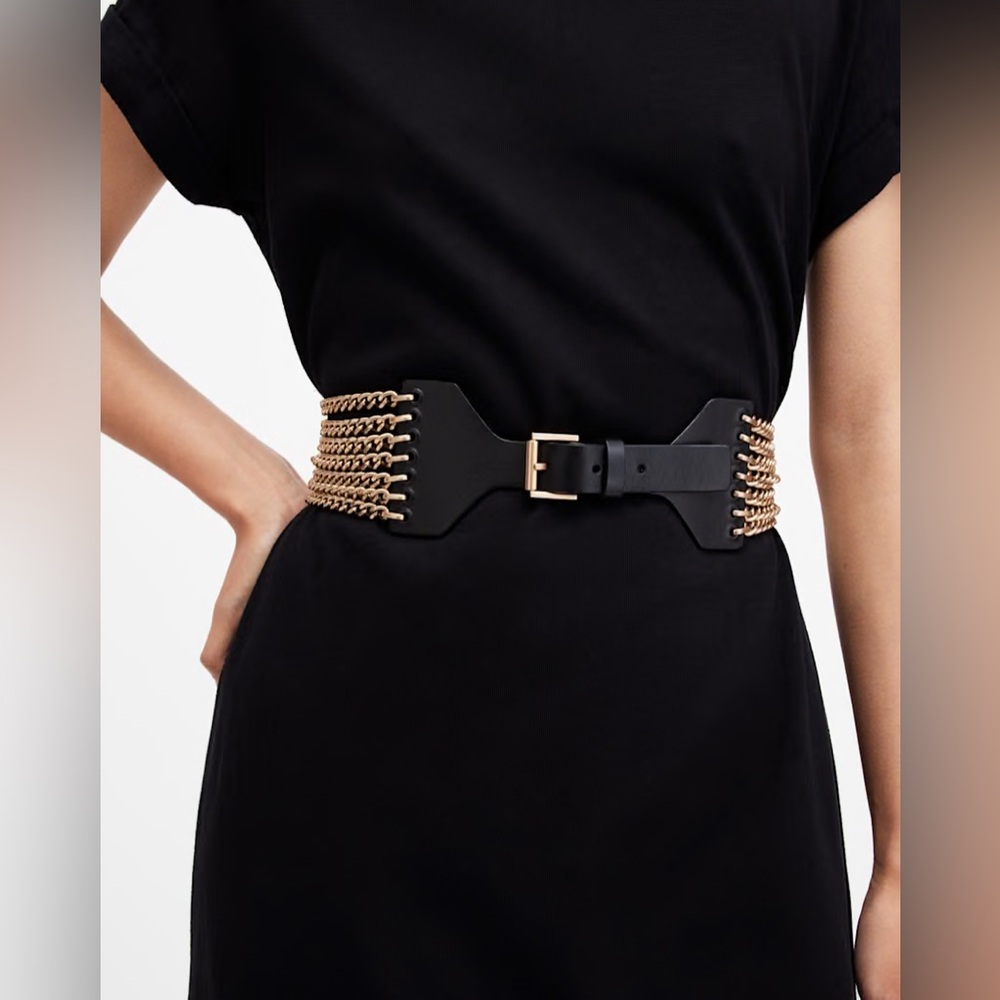 All Saints Zora Black Leather Corset Chain Belt S